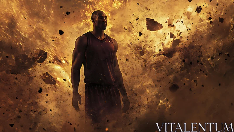 Basketball player figure amid suspended fiery debris field.