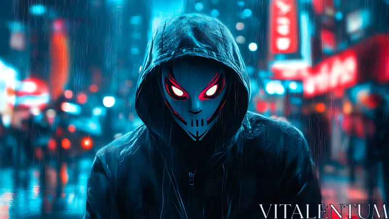 Hooded cyber mask confronts neon city streets at night.