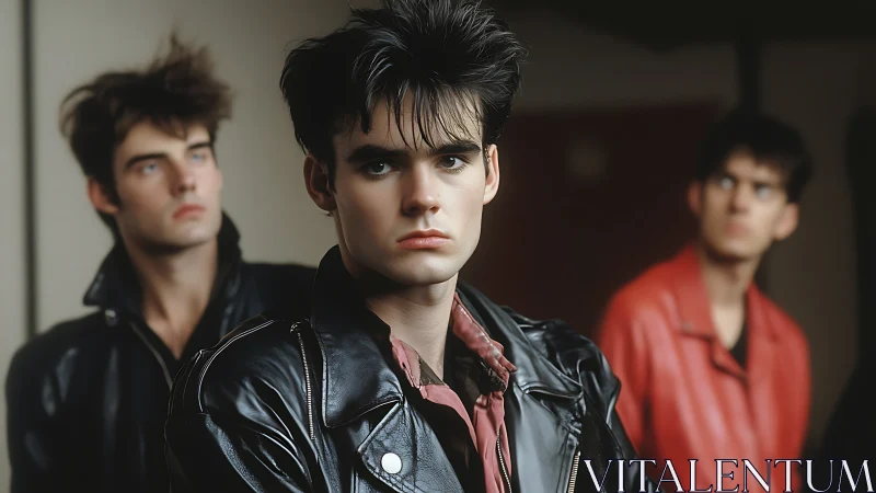 Moody young man in leather jacket with blurred friends behind.
