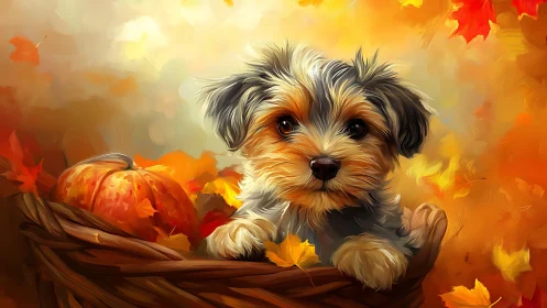 Autumnal puppy portrait uses warm palette and textured brushwork