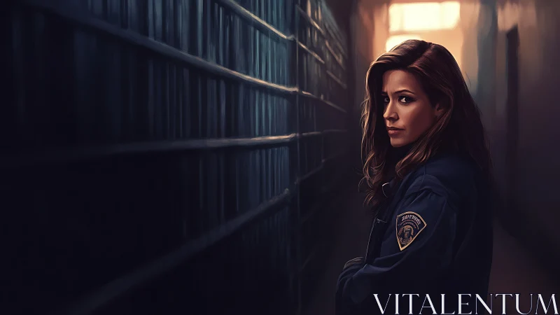Female prison guard stands in dark cell corridor, watchful.