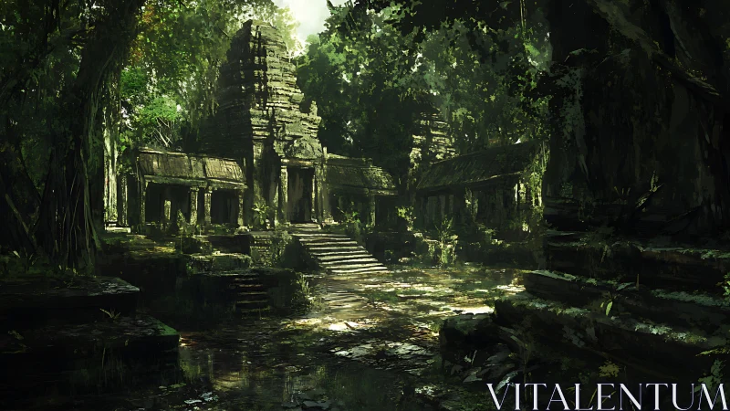 Ancient jungle temple ruins glow in filtered sunlight.