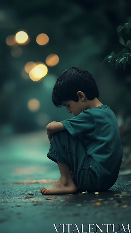 Lonely child on wet street under soft teal dusk bokeh glow.