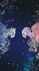 Symmetric luminescent gryphon sigils in cosmic particle field.