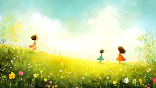 Children Playing in Spring Meadow with Yellow Flowers.