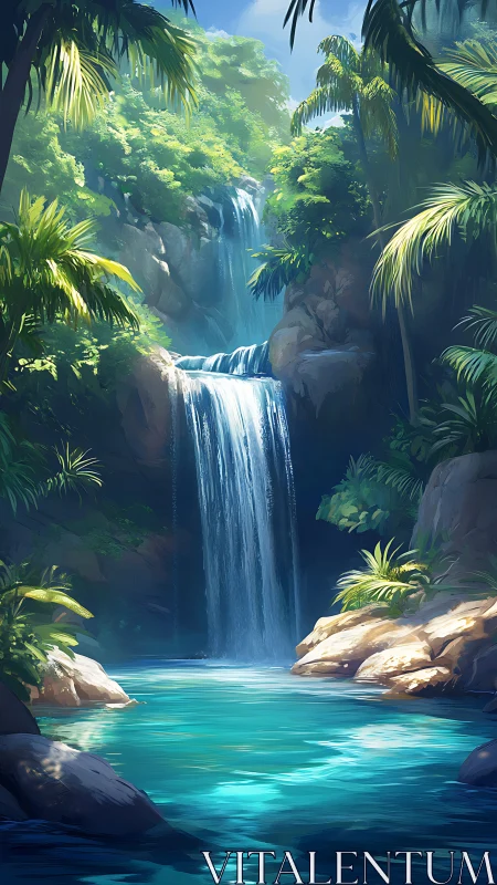 Tropical jungle waterfall over turquoise lagoon pool.