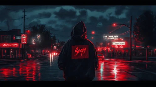 Hooded figure in neon red-lit rainy urban street at night