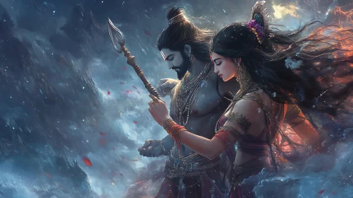 Two adorned figures stand in mist with staff and flowing garments