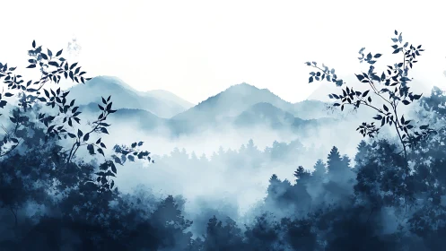 Misty Mountain Valley Landscape in Monochromatic Blue.