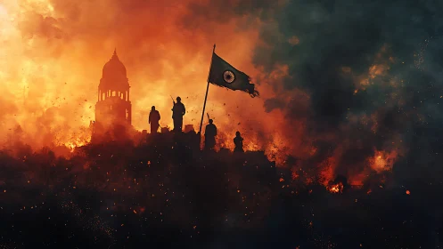 Silhouetted Revolutionaries with Flag Against Inferno Sky and Domed Monument