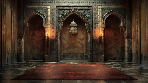 Intricately lit arched hall showcases textured stonework and carpet