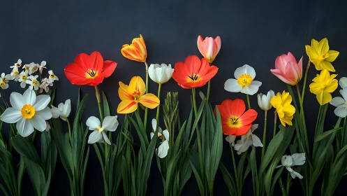 Spring Florals Arranged Against Textured Dark Background.