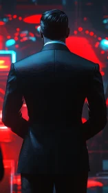 Suited figure dominates neon red cyber control room scene.