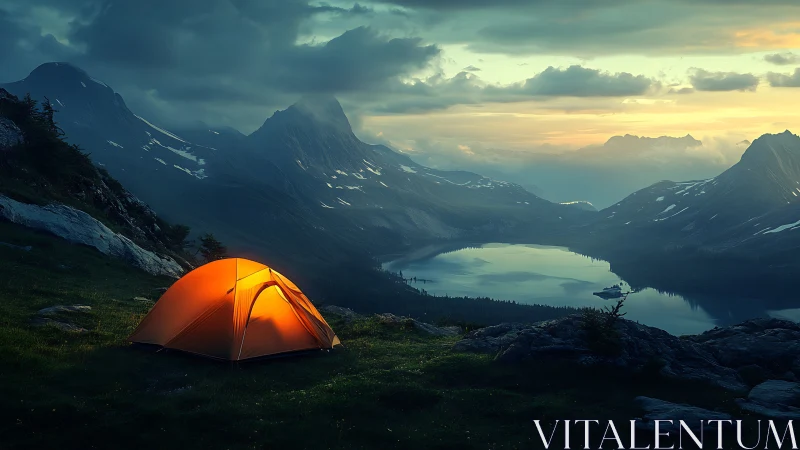 Glowing mountain tent overlooks tranquil alpine lake at dusk
