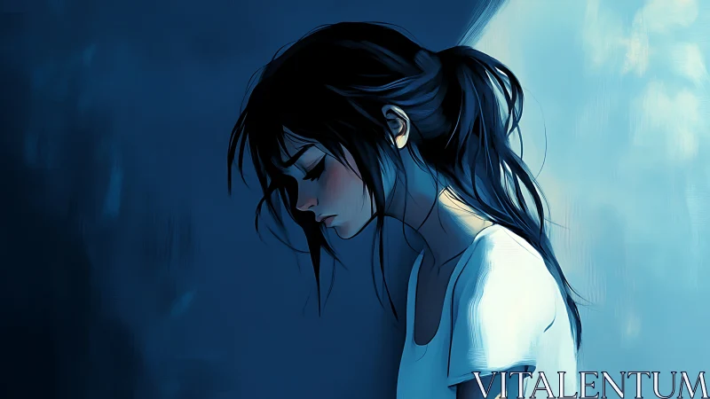 Sad girl leans against blue wall in soft side lighting
