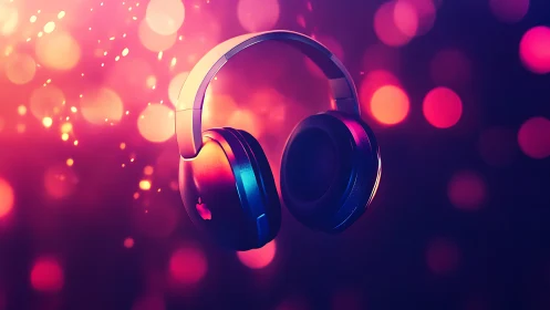 Cozy headphones glowing in a dreamy neon music haze.