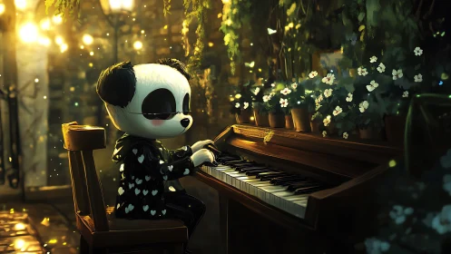 Panda pianist in luminous garden with glowing bokeh lights.