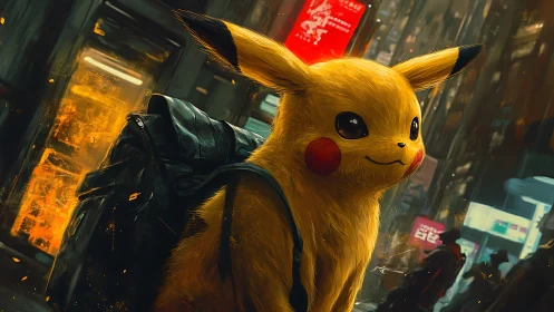 Electric creature with backpack in dense neon city street scene.