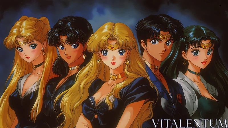 Five determined anime warriors posed in coordinated uniforms.