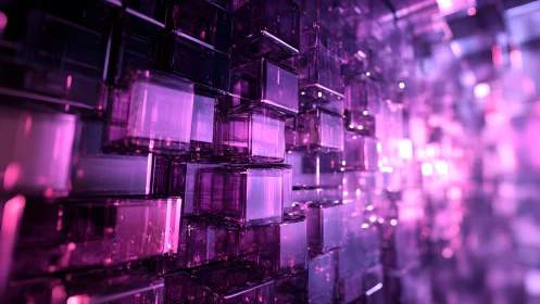 Abstract 3D Glass Cubes in Vivid Purple Lighting, Futuristic Style.