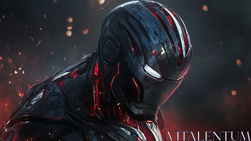 Futuristic armored robot warrior in dark burning scene.