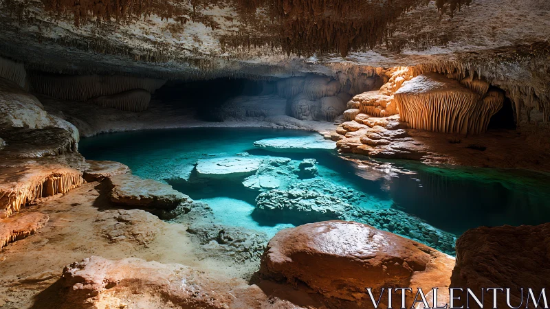 Crystal cave pool with turquoise water and limestone forms.