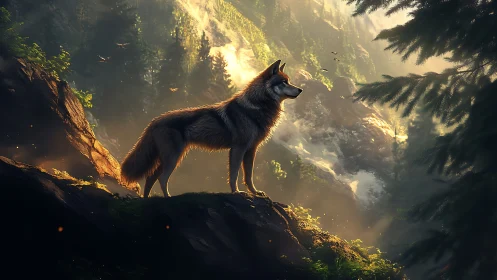 Lone wolf on sunlit precipice in volumetric forest atmosphere.