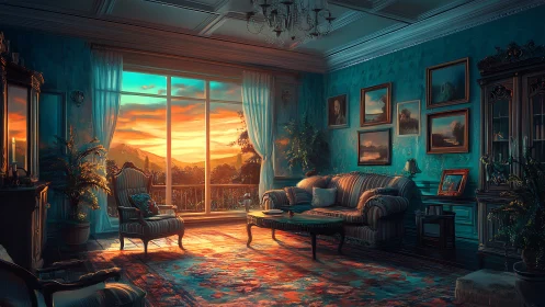 Sunlit teal salon overlooks blazing mountain sunset.