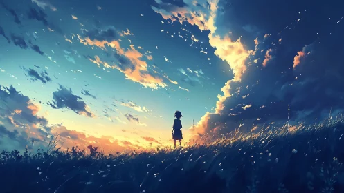 Evening sky opens wide as a lone child gazes toward light