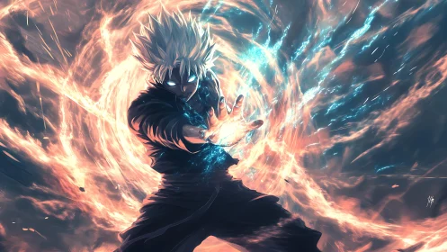 Anime energy mage unleashes swirling elemental vortex.