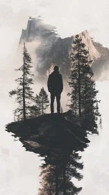 Silhouetted figure on forest outcrop with mirrored reflection.