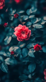Crimson Rose Blooms Among Teal Foliage