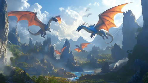 Dragons soar above misty coastal spires in golden light.