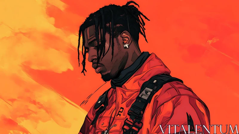 Cel-shaded portrait of man in orange jacket against gradient sky