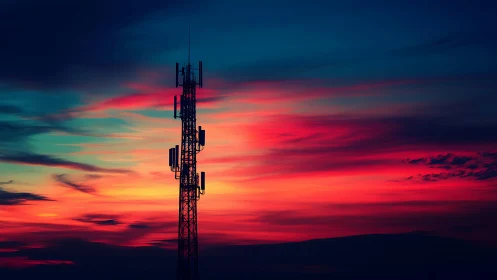 Signal tower stitches neon sunset into a quiet skyline