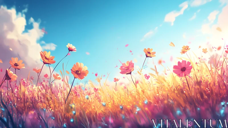 Wildflower meadow under radiant pastel spring sky glow.