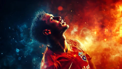 Fiery football portrait contrasts cool blue and blazing flame