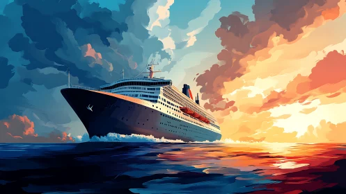 Ocean liner advances toward sunset in dynamic color fields