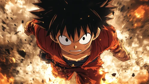 Fiery anime warrior charges through exploding battlefield