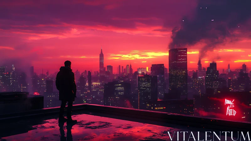 Solitary figure on rooftop above dense sunset city skyline.