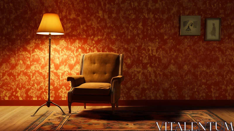 Upholstered armchair with floor lamp in patterned room.