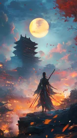 Lone warrior surveying luminous pagoda city beneath supermoon.
