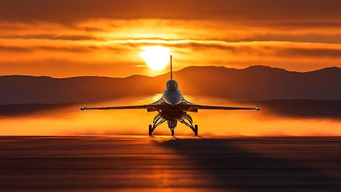Fighter jet silhouette under blazing runway sunset glow.