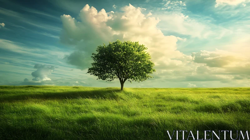 Lone green tree in sunlit field, dramatic sky, digital art style.