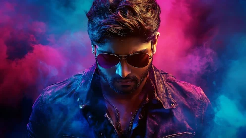 Man in sunglasses under colored neon smoke lighting backdrop.