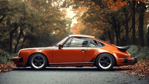 Orange classic sports car parked on a forest road
