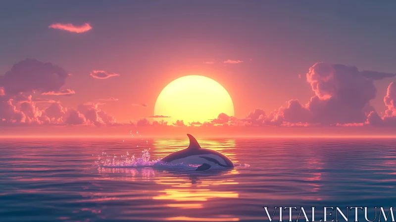 Sunset whale sketches glowing ripples across candy skies