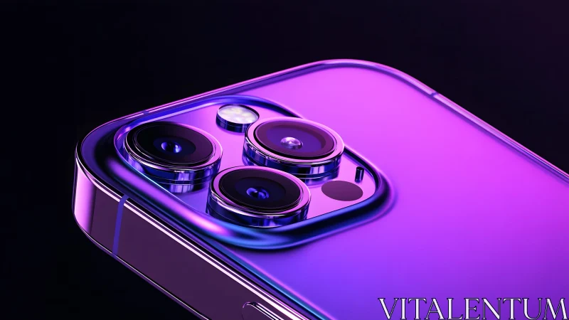 Close-up of modern smartphone camera in vibrant purple lighting.