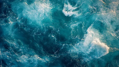 Turbulent cyan ocean surface with foaming wave interference.