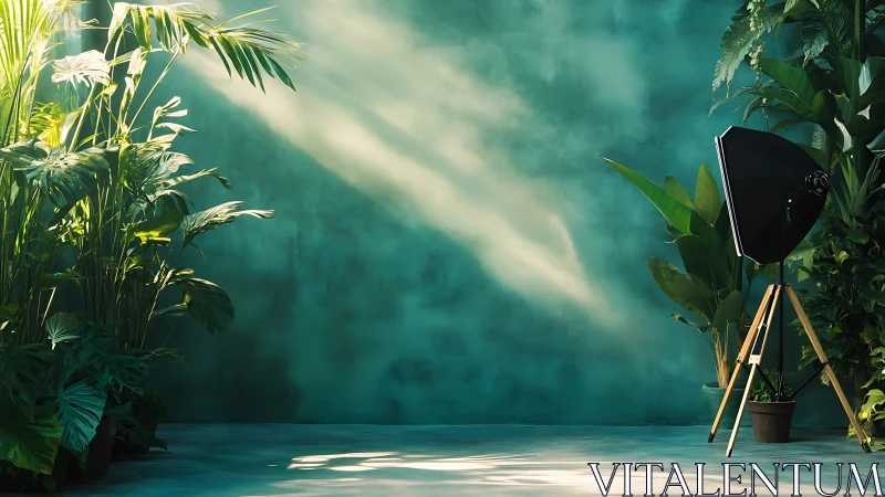 Photo studio light stands in indoor tropical plant corner
